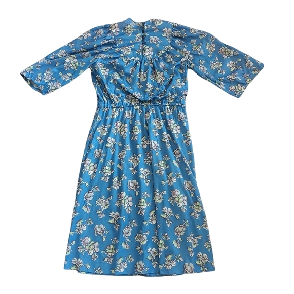 Vintage 70s Sears Bluson Wide Sleeve Blue Cherry Blossom Floral Day Dress 12 - Picture 6 of 12